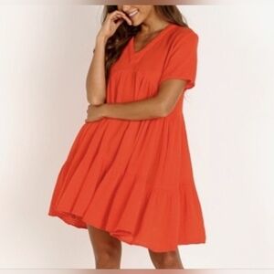 Relaxed V-Neck Tiered Mini Dress in Orange